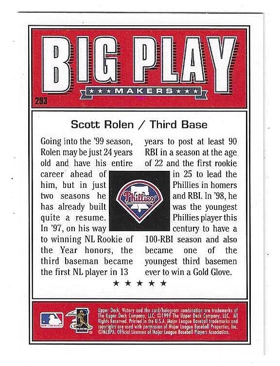 1999 VICTORY SCOTT ROLEN BIG PLAY MAKERS #293 PHILADELPHIA PHILLIES - Image 2 of 2