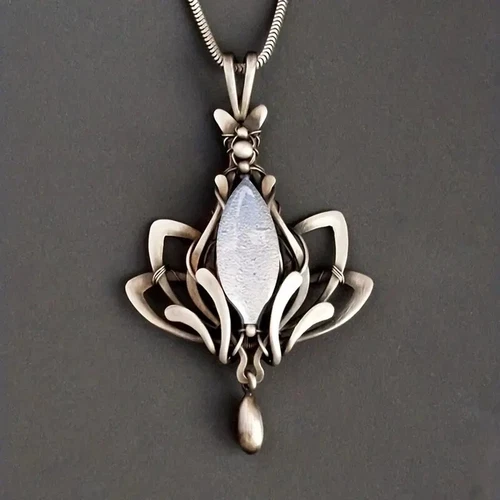 Retro Bohemian Lotus Inlaid Gemstone Pendant Necklace Gothic Fashion Party New - product listing photo