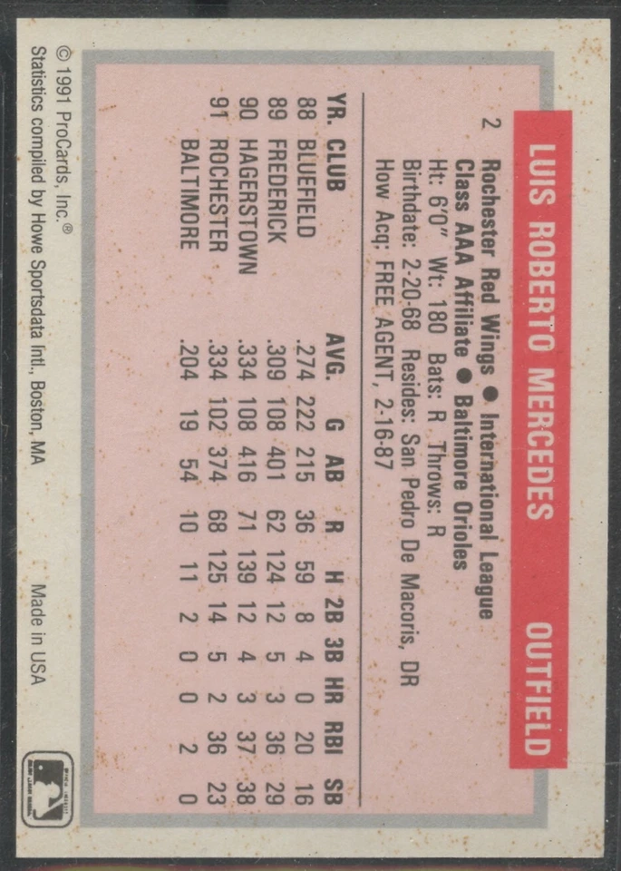 1991 ProCards Minor League #2 Luis Mercedes Rochester Red Wings - Image 2 of 2