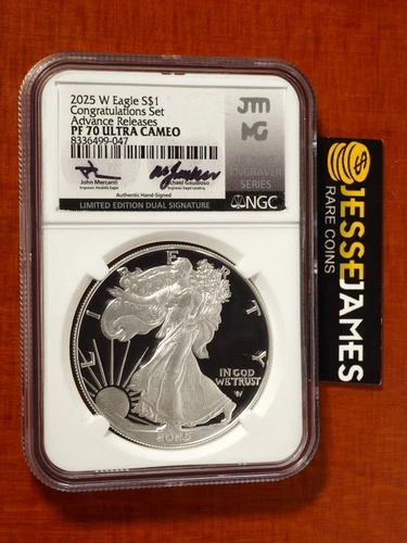 2025 W PROOF SILVER EAGLE NGC PF70 ADVANCE RELEASE CONGRATULATIONS SET MERCANTI