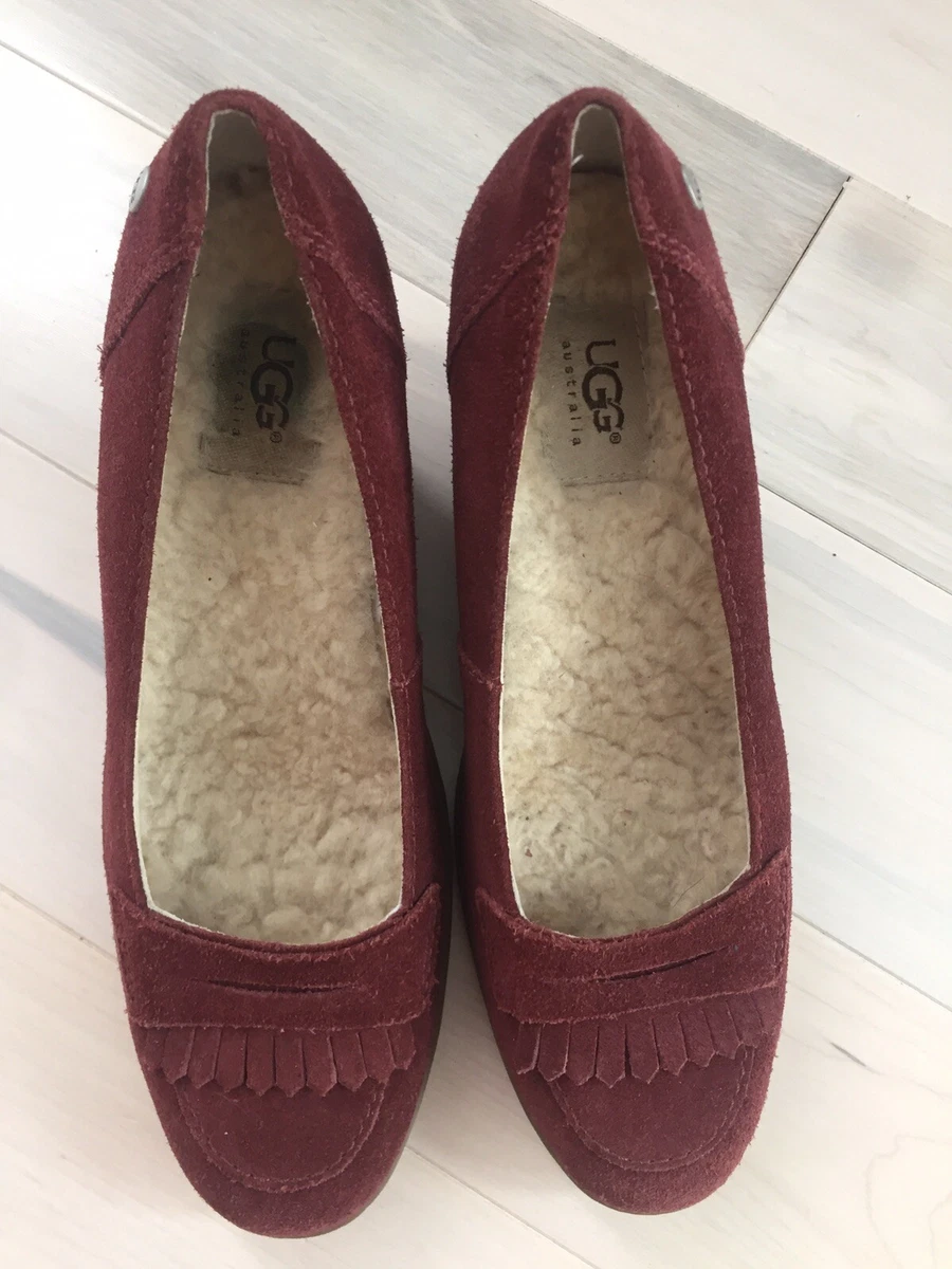 UGG Reese Red Burgundy Suede Moccasin Loafer High Rubber Wedge Shoe Size 8 EU 39
