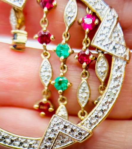 Vtg Ross Simons Ruby Emerald Diamond Dangle Round 925 14K Plated Pendant PRETTY - Picture 4 of 8