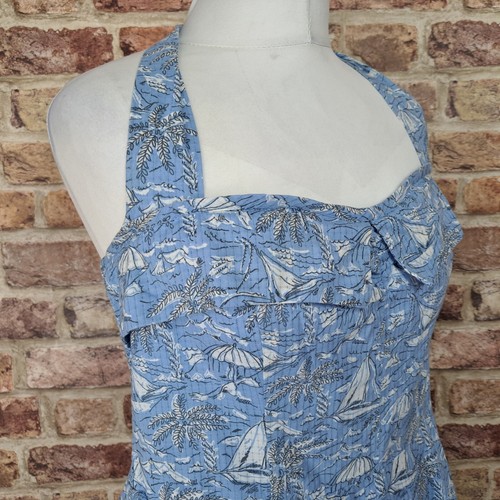 Laura Ashley Dress Blue Floral UK 14 Fit Flare Lined Below Knee Halter Neck - Picture 5 of 12
