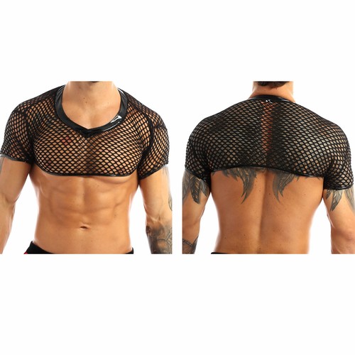 Men Fishnet Mesh Crop Top Half T-shirt 