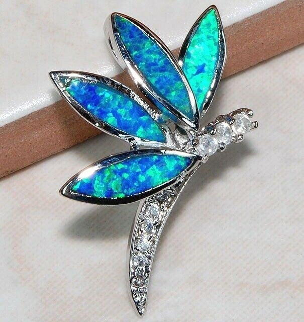 Dragonfly 3CT Australian Opal Inlay & Topaz 925 Sterling Silver Pendant OP5