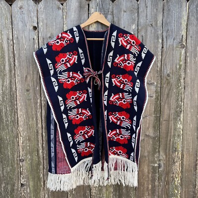 Strick Poncho vorne offen Schal Indianer Cape Fransen blau rot weiß 70er 