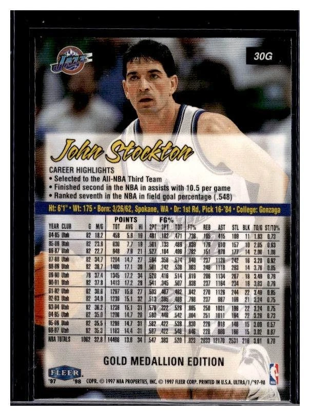 1997-98 Fleer Ultra John Stockton #30G Gold Medallion Utah Jazz HOF - Image 2 of 2