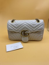 Auth Gucci GG Marmont White Leather Chevron Heart Small Shoulder Bag