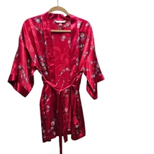 Victoria's Secret Angels Red Floral Satin Short Kimono Robe S/M Retro Coquette