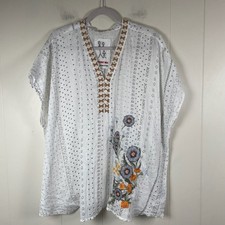JOHNNY WAS White Linen Floral Embroidered V Neck Kaftan Top XL