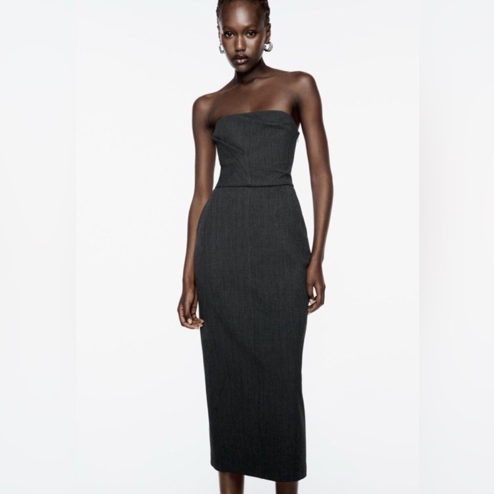 Zara ZW Collection Gray Strapless Midi Dress Draped Bodice Size Large NWOT thumbnail 3