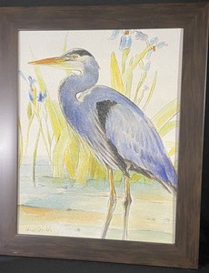 Original Signed Watercolor  “Great Blue Heron” By Anne Lovett (Appears) Framed