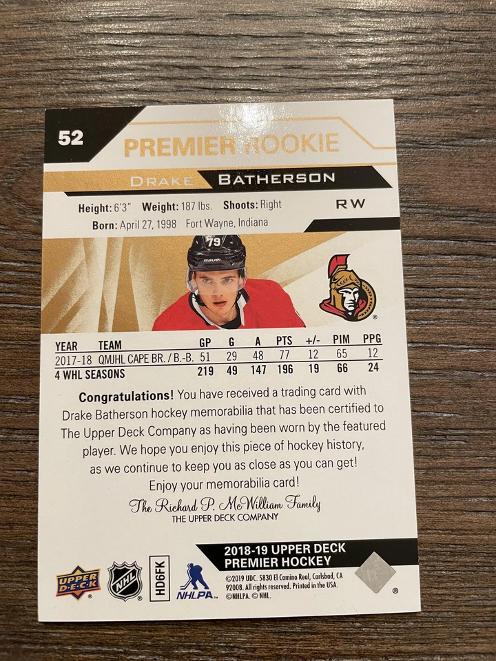 2018-19 Upper Deck Premier #52 Drake Batherson Jerseys - Image 2 of 2