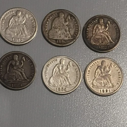 (6) Seated Liberty Dimes lot 1875 1876-CC 1883 1884 1888 1891 10C