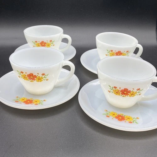 Lot 4 Vintage Anchor Hocking Fire King Milk Glass Flower Tea Cup and Saucer MCM