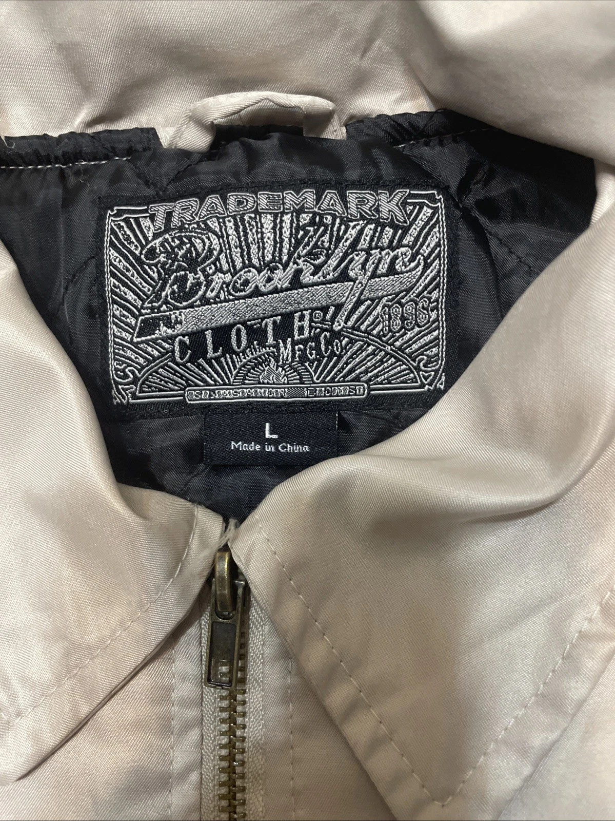 Brooklyn Cloth Flame Bomber Crème & Black Patches Varsity. Men’s LG - product detail image 5