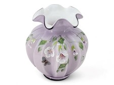 Fenton Sweetbriar Purple Floral Dragonfly Hand Painted Panel Rib Vase Signed 6"