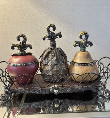 Hollywood Regency Footed Fruit Jar Basket Set Gold Ornate Lidded Decor 4pc