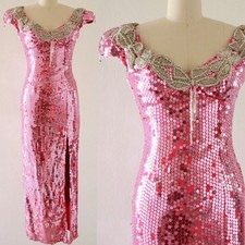 Vtg 80s Pink Rhinestone Sequin Beaded Floral Long Maxi Cocktail Dress Sz XS