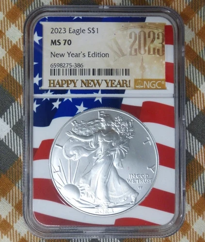 2023 NGC MS 70 Silver Eagle, New Year's Edition American Flag Slab, 1oz Silver
