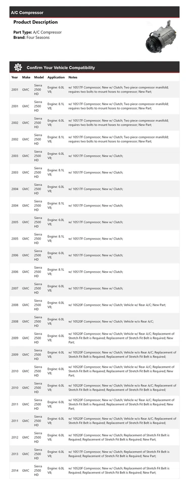 For 2001-2014 GMC Sierra 2500 HD A/C Compressor 4 Seasons 2002 2003 2004 2005 - Image 2 of 4