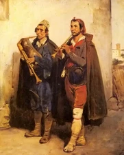 Oil painting horace vernet - village musicians two young villagers playing art