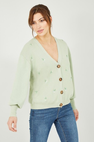 YUMI Ladies Pale Green Knit Floral Embroidered V Neck Cardigan Size L NEW - Picture 2 of 18