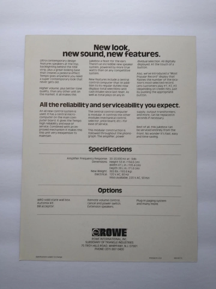 Rowe Tempo Model Jukebox FLYER Original 1980 Phonograph Music Artwork Sheet - Image 2 of 3