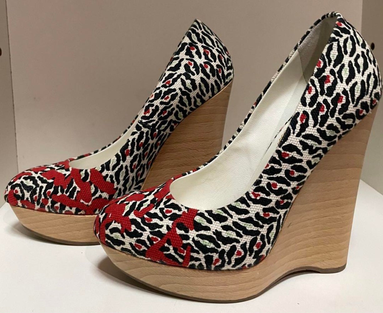 Decolte donna YSL Yves Saint Laurent stampa leopardata tela zeppa tacco taglia 35 US5