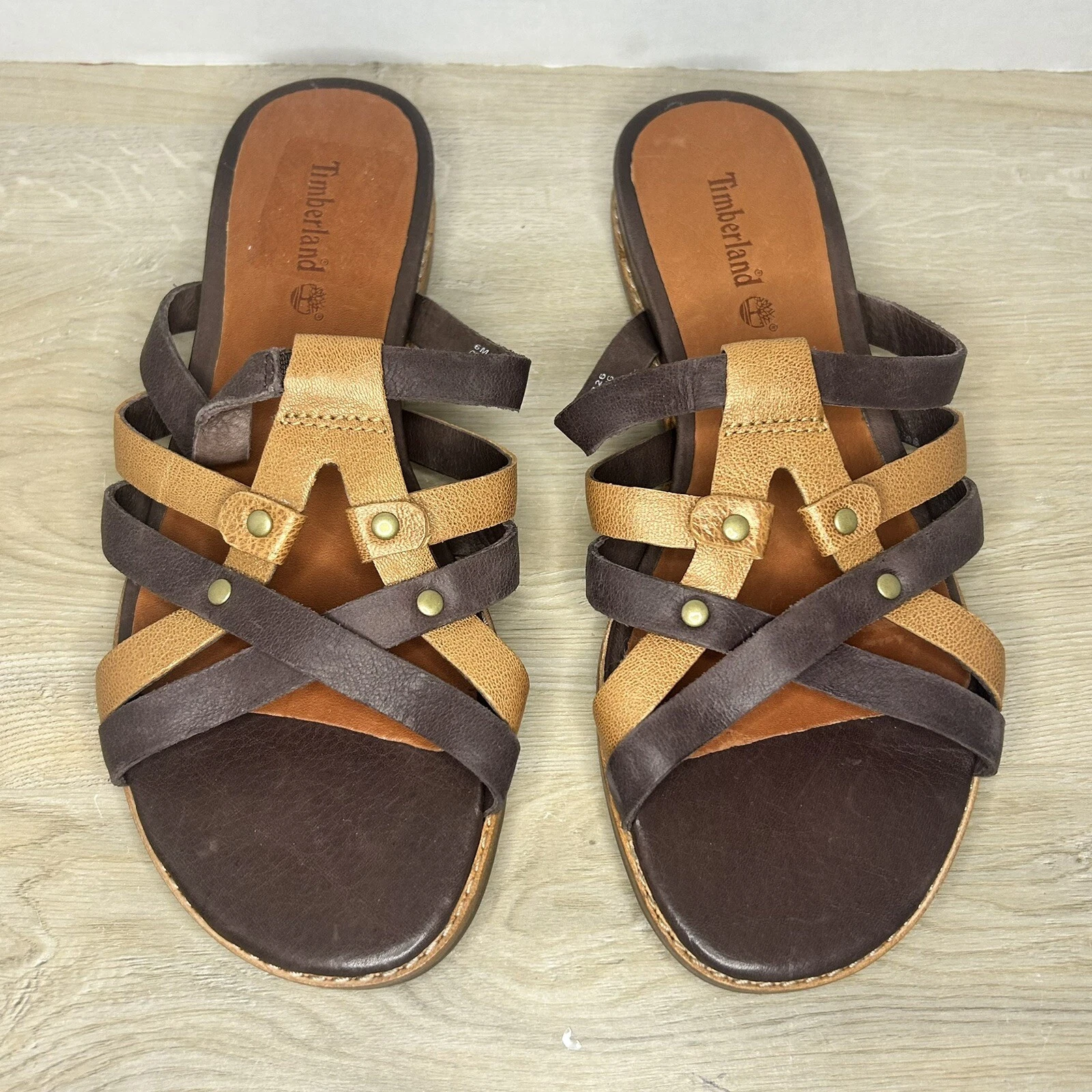 Timberland sandali slide con cinturino in pelle da donna taglia 6 bicolore marrone