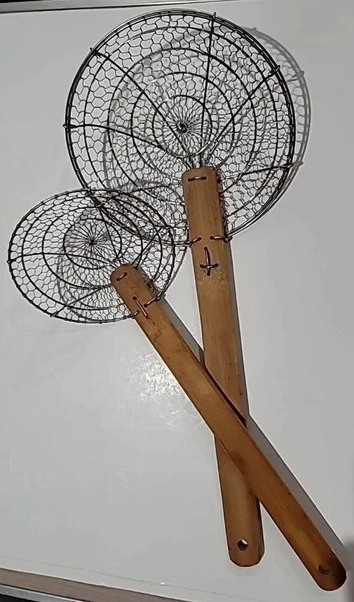 Vintage 2 WOK Tools SKIMMERS 6 & 8 In. Strainer Spider Wire Basket Wood Handle