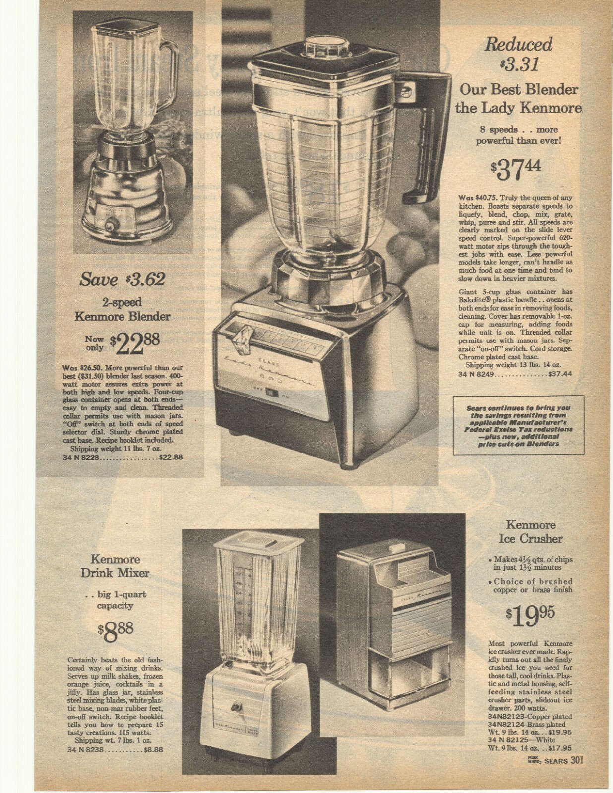 1965 Kenmore Steam Iron, Lady Kenmore Blender, Ice Crusher Double Sided Sears AD