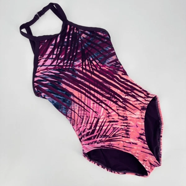 Traje de baño para mujer Carmen Marc Valvo tropical palmera halter espalda abierta púrpura talla 4 Foto 2 de 4