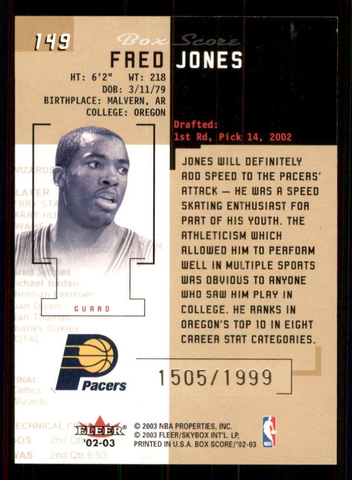 2002-03 Fleer Box Score #149 Fred Jones RC /1999 - Image 2 of 2