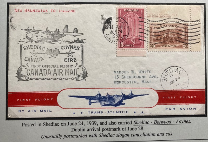 1939 Shediac Canada First Official Flight Airmail Cover To Worcester MA USA
