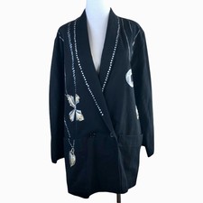 Valerie Lynn Vintage Coat Womens Large Black Denim Silver Gold Jeweled Artwear