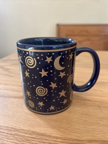 KANE CERAMIC CELESTIAL Cobalt Blue 10 oz. Mug VINTAGE Gold Moon Stars Swirls