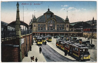 Postcard Halle/Saale, view to the station, tram