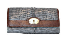 FOSSIL Gray Brown Reptile Texture Leather Trifold Keyhole Checkbook Wallet