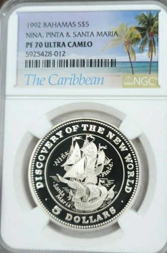 1992 BAHAMAS SILVER 5 DOLLARS NINA PINTA SANTA MARIA NGC PF 70 ULTRA CAMEO POP 1