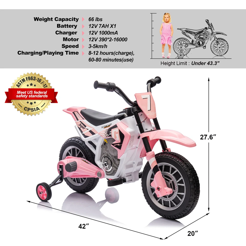 Rosa 12V Niños Paseo en Motocicleta Dirt Bike Niñas Regalo con Ruedas de Entrenamiento Foto 2 de 4