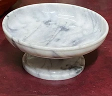 Vintage Estate Alabaster Marble Pedestal Compote Bowl Gray Wht Veining