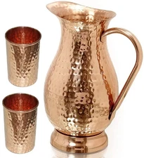 Copper Pitcher with a Lid - Pure Solid Copper Handcrafted Hammered Jug, Capac...