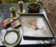 Jugendstil Raucher Set 7tlg Schreibtisch Handmade Unikate Sammler Grün-Gold Top