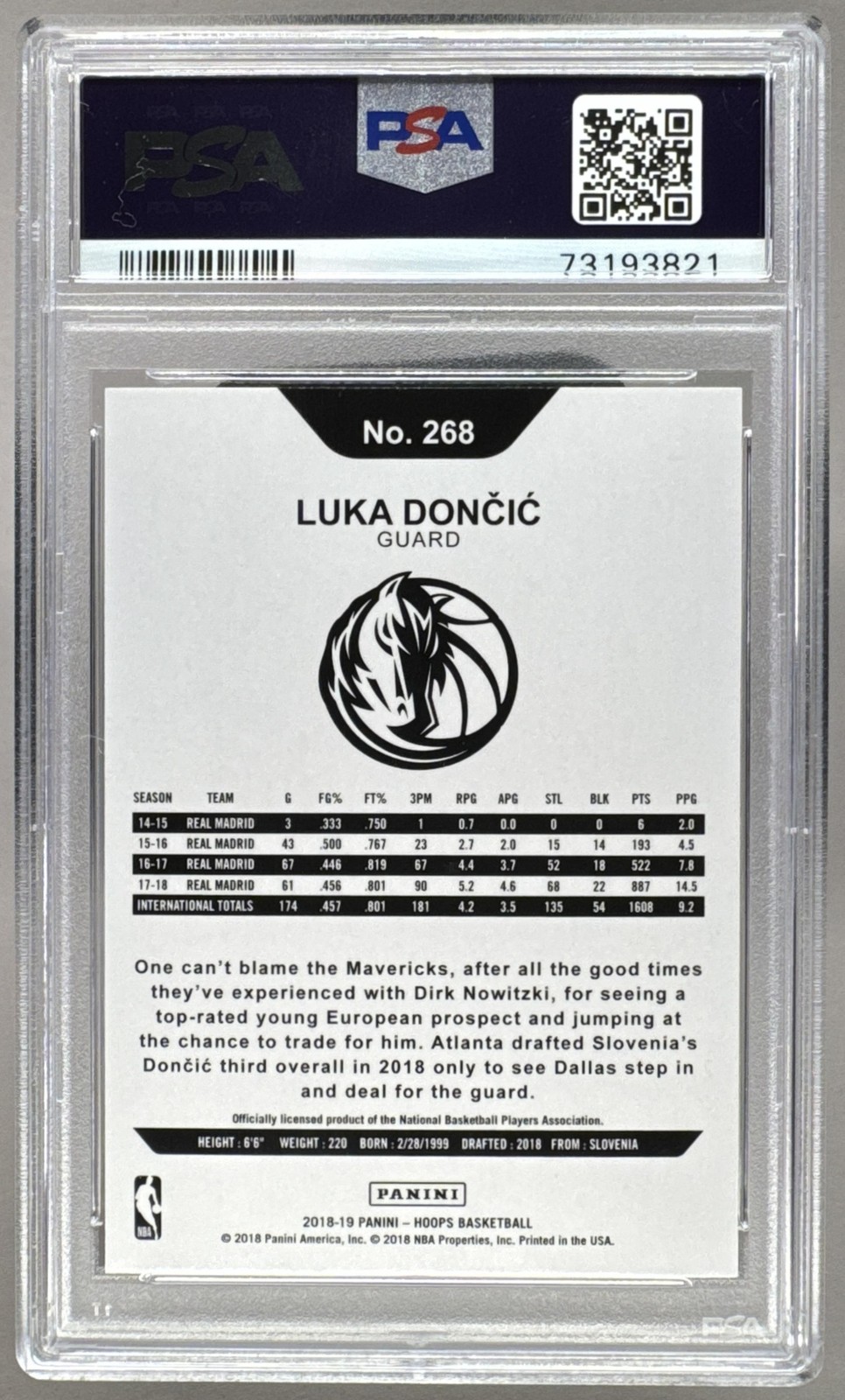 73193821 Luka Doncic 2018 Panini Hoops #268 Teal Explosion Rookie RC PSA 10 view 2