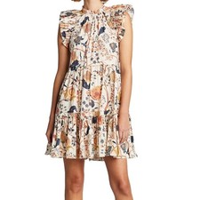 Ulla Johnson Eden Daisy Botanical Bird Floral Cotton Tiered Mini Dress Small
