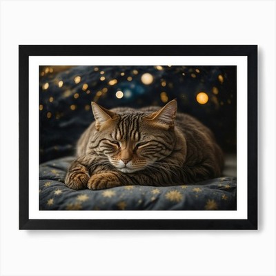 Gerahmtes Wandbild Poster Leinwanddruck Bild Sleeping Brown Tabby Cat Starry Nig
