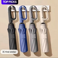 Black Solid Compact Folding Umbrella with Hook Handle, Unisex