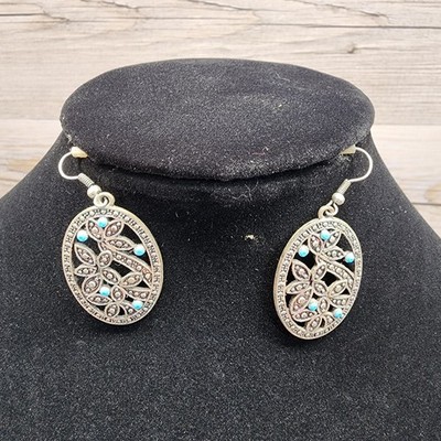 Pierced Earrings Flowers Oval Statement Blue Accent Dangle 1.5'' Costume Jewelry