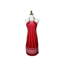 Red White Geometric Border Print Halter Neck Midi Dress Open Back Sleeveless